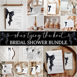 Editable She&#39;s Tying The Knot Bridal Shower Bundle Black Bow Bridal Shower Printable Black Ribbon Bridal Shower Decor Minimal Black Coquette