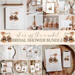 May include: A bridal shower bundle with a fall theme. The image includes invitations, signs, and decorations featuring a watercolor illustration of a market cart with pumpkins and flowers. The text "She's Fresh Off the Market" is visible.