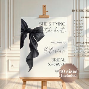 Editable Black Coquette Bow Bridal Shower Welcome Sign Template She's Tying the Knot Bridal Shower Sign Black Bow Welcome Sign Minimalist image 3