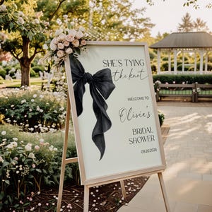 Editable Black Coquette Bow Bridal Shower Welcome Sign Template She's Tying the Knot Bridal Shower Sign Black Bow Welcome Sign Minimalist image 5