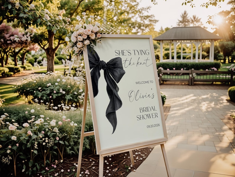Editable Black Coquette Bow Bridal Shower Welcome Sign Template She's Tying the Knot Bridal Shower Sign Black Bow Welcome Sign Minimalist image 5