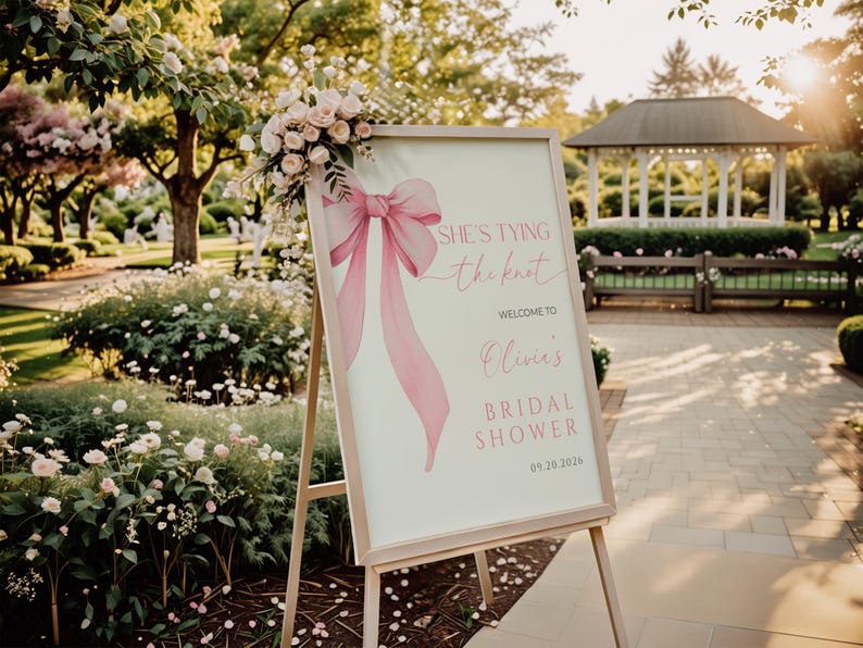 Puede incluir: Un caballete de madera sostiene un letrero con una ilustraci&oacute;n de lazo rosa y el texto "She's tying the knot" y "Welcome to Olivia's Bridal Shower 09.20.2026". El letrero est&aacute; adornado con flores.