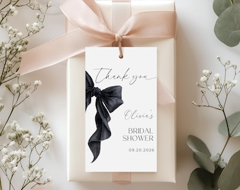 Black Bow Minimalist Favor Tag Template Coquette Party Printable Gift Tag Modern Calligraphy Editable Thank You Tag | She's Tying the Knot