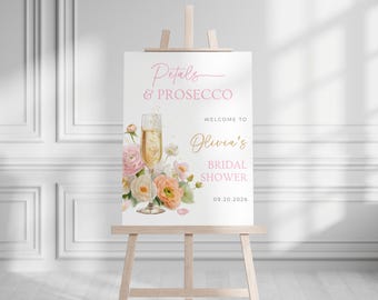 Petals and Prosecco Bridal Shower Welcome Sign Template Champagne Bridal Shower Welcome Poster Pink Floral Bridal Shower Sign Pink and Gold