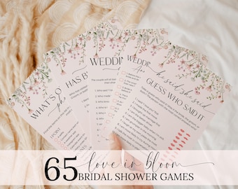 Paquete de juegos editables para despedida de soltera con flores rosas. Juegos para despedida de soltera con temática de amor en flor. Actividades imprimibles para despedida de soltera con flores silvestres de primavera.