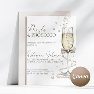 Perles et prosecco pour une invitation nuptiale Modèle modifiable pour une invitation nuptiale | Carte d'invitation à une soirée perles de champagne et prosecco
