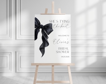 Editable Black Coquette Bow Bridal Shower Welcome Sign Template She's Tying the Knot Bridal Shower Sign Black Bow Welcome Sign Minimalist