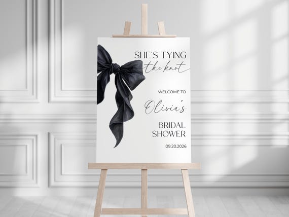 Editable Black Coquette Bow Bridal Shower Welcome Sign Template She's Tying the Knot Bridal Shower Sign Black Bow Welcome Sign Minimalist