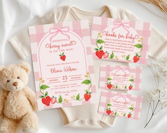 Bearbeitbare Handgezeichnete Erdbeer-Babyparty-Einladungs-Set Mädchen-Kokette Babyparty-Einladung Rosa Bogen-Beere Süße Babyparty-Einladung Canva