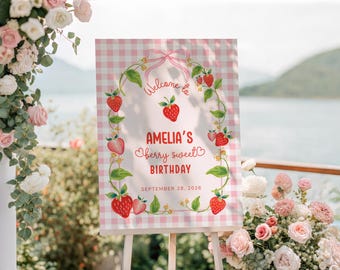 Strawberry Birthday Party Decor Editable Berry Sweet Birthday Welcome Sign Berry 1st Birthday Welcome Poster Pink Bow Gingham Printable Sign