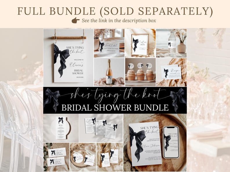 May include: A collection of bridal shower stationery items, including invitations, signs, and cupcake toppers. The designs feature elegant black bows and the phrase "She's Tying the Knot." The overall theme is a sophisticated and coordinated bridal shower set.