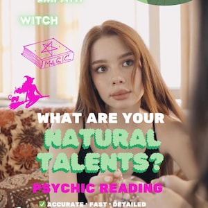 May include: Image promoting psychic readings, featuring a woman with long red hair. Text includes "What are your natural talents?" and "Psychic Reading." Additional text highlights accuracy, speed, and personalized service. Illustrations of a book, witch, and tarot cards are also present.