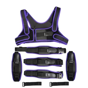 May include: A black and purple weight vest with adjustable straps and buckles. The vest has a zippered front and is designed for fitness training. Includes additional straps for various exercises.