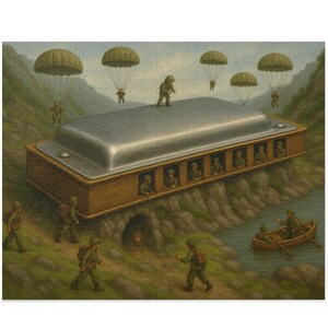May include: A whimsical puzzle featuring a large harmonica with soldiers inside and on top. Parachuting soldiers descend from the sky, while others march on the ground and row a boat. The artwork has a surreal, dreamlike quality.