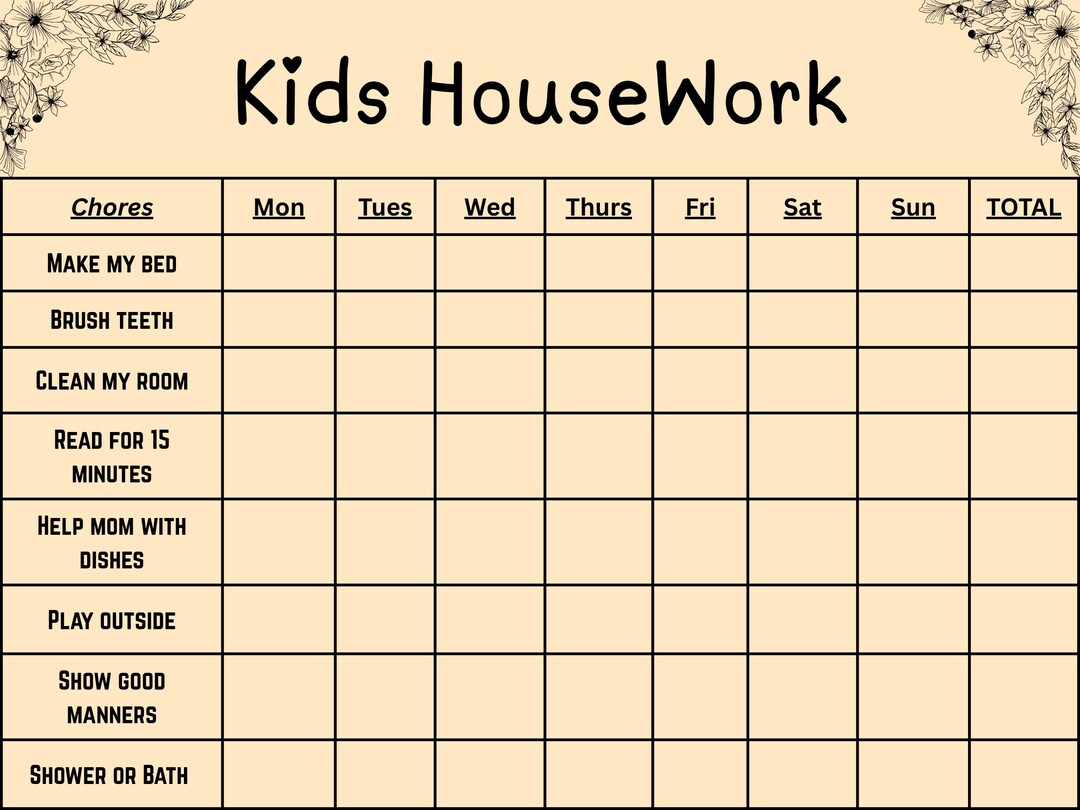 Kids Chore Chart, Printable Housework Chart for Kids - Etsy