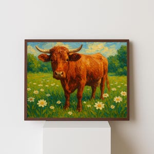 Rustic Cow Art Print, Highland Bull Poster, Farmhouse Wall Decor, Country Animal Portrait, Cottagecore Printable, Cow Print Digital