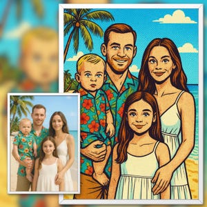 Custom Retro Comic Portrait from Photo – Vintage Pop Art Style for 3-4 People – Couple, Family, Pet – Real Examples – Printable Gift