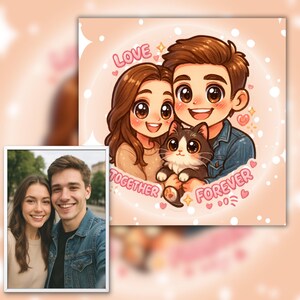 Custom Chibi Couple Portrait from Photo – Kawaii Style with Pet – Cute Anime Drawing with Hearts & Words – Fast 24h Digital File