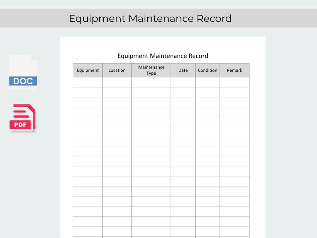 Equipment Maintenance Record Template – Printable PDF Log Sheet - Etsy