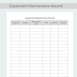 May include: A white document titled "Equipment Maintenance Record" with a grid for recording equipment details. Includes columns for equipment, location, maintenance type, date, condition, and remarks. Icons for DOC and PDF files are in the corner.