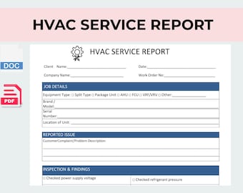 Plantilla de informe de servicio de HVAC / Formato PDF y Word / Formulario de mantenimiento de HVAC / Lista de verificación del técnico