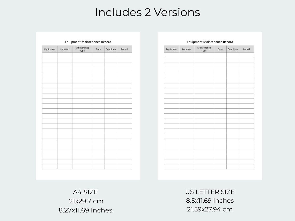 Equipment Maintenance Record Template – Printable PDF Log Sheet - Etsy