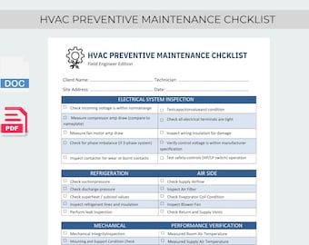 Lista de verificación de mantenimiento preventivo de HVAC / Formulario de inspección de HVAC / Plantilla de informe de servicio / PDF imprimible para técnicos