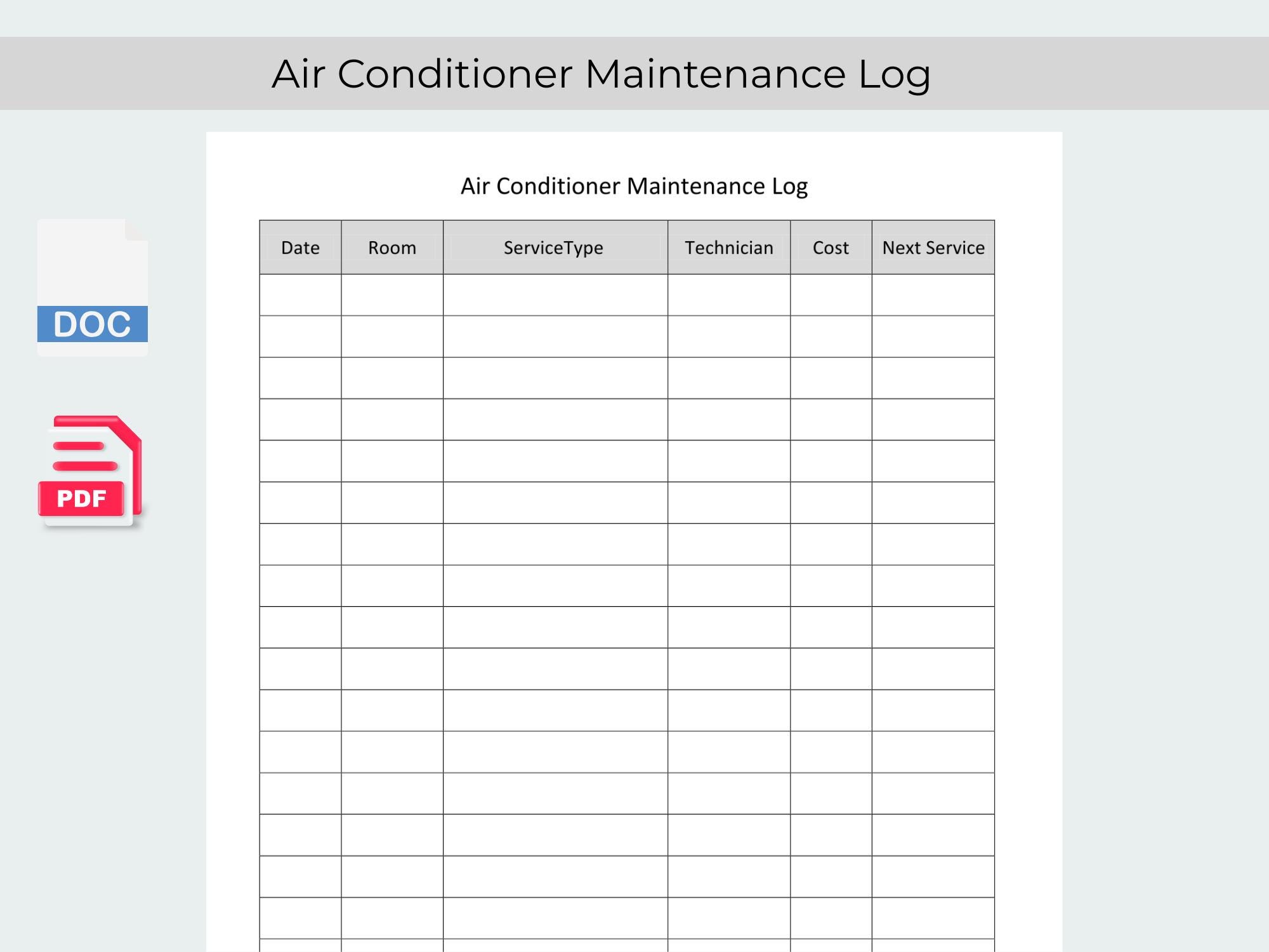 HVAC Maintenance Log Template: AC Service Record (editable Pdf & Word ...
