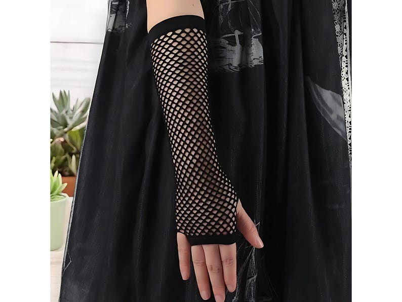 Black Fishnet Gloves, Women Fingerless Gloves, Long Fishnet Gloves, Fancy Crochet Fingerless Gloves, Women Gothic Gloves
