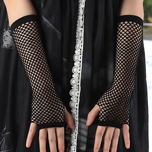 Black Fishnet Gloves, Women Fingerless Gloves, Long Fishnet Gloves, Fancy Crochet Fingerless Gloves, Women Gothic Gloves
