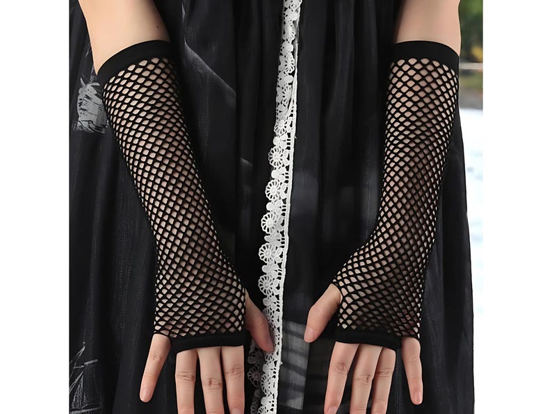 Black Fishnet Gloves, Women Fingerless Gloves, Long Fishnet Gloves, Fancy Crochet Fingerless Gloves, Women Gothic Gloves