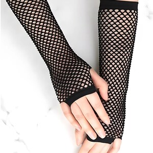 Black Fishnet Gloves, Women Fingerless Gloves, Long Fishnet Gloves, Fancy Crochet Fingerless Gloves, Women Gothic Gloves