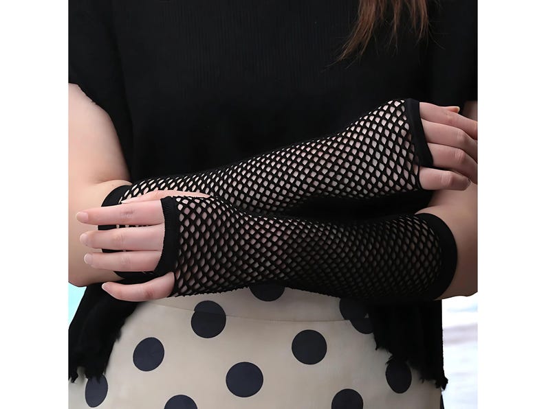 Black Fishnet Gloves, Women Fingerless Gloves, Long Fishnet Gloves, Fancy Crochet Fingerless Gloves, Women Gothic Gloves