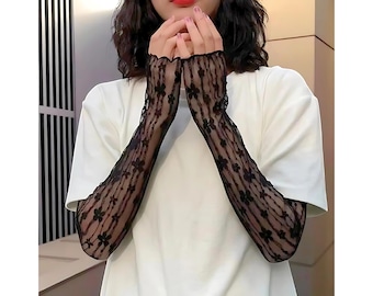 White Net Lace Sleeves, UV Sun Protection Fingerless Gloves, Floral Lace Bridal Prom Party Sleeves