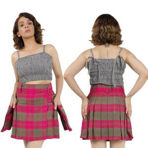 Trendy Pleated Tartan Mini Skirt with Side Buckles and Utility Pockets, High Waist Festival Skirt for Women Punk Streetwear Style