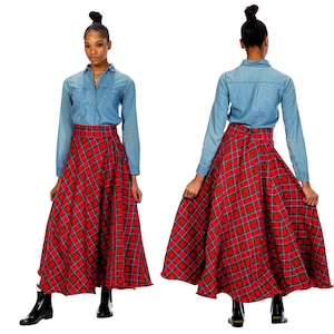 Florence Long Tartan Plaid Skirt High Waisted Maxi Wool Skirt with Pleats Adjustable Waist Formal School Party Outfit for Women
