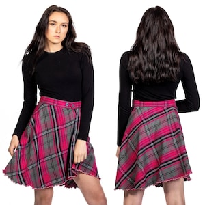Flared Tartan Button Midi Plaid Skirt for Women | A Line Acrylic Wool Vintage Style Skirt with Front Closure for Holiday Party Office School