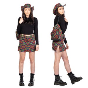 Red Green Tartan Mini Skirt with Side Zip Slit – High Waist Plaid Skirt with Belt Loops for Women Custom Fit Punk Casual Look