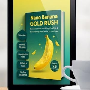 Op de afbeelding: Een digitale tablet toont de omslag van een boek met de titel "Nano Banana GOLD RUSH" en een gele bananenillustratie. Een witte kop en schotel staan op een houten oppervlak. Het boek is een beginnersgids.