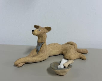 Handmade Ceramic Italian Greyhound Figurine Set with Bowl and Bone