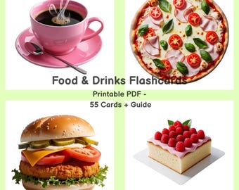 Tarjetas de inglés imprimibles: Comida y bebida – 55 tarjetas + guía – Juego de aprendizaje de inglés como segundo idioma para niños y principiantes – Descarga en PDF