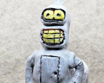 Robot Figurine- handmade ceramic funny bender sitting on toliet.