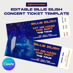 Bearbeitbare Billie Eilish Konzertkarten-Vorlage | Druckbare Souvenir Ticket | Sofortdownload | DIY Geschenk für Billie Eilish Fans