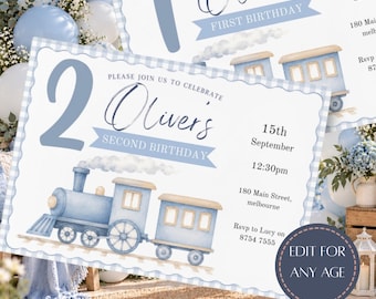 Train Birthday Invitation, Choo Choo Train Party, Editable Canva Template