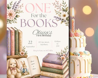 One for the Books Birthday Invitation Template, Storybook First Birthday Invite, Editable Canva Invitation Download