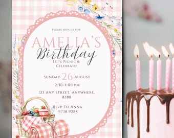 Pink Picnic Birthday Invitation Template, Editable Girl Birthday Invite, Gingham Party Invite, Floral Picnic Invitation, Canva Printable