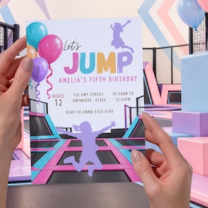 May include: A rectangular birthday invitation card featuring the text Let's JUMP AMELIA'S FIFTH BIRTHDAY AUGUST 12 123 ANY STREET, ANYWHERE, 97289 10:00AM TO 12:00PM RSVP TO ANNA 8738 8789 with colorful balloons and a silhouette of a child jumping.