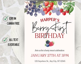 Berry First Birthday Invitation Template, Strawberry First Birthday Invite, Girl 1st Birthday Invitation, Editable Berry Birthday Invite