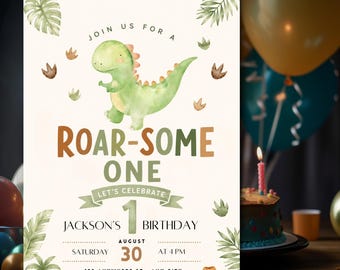 Invitación de cumpleaños "Roar-Some One" / Invitación de primer cumpleaños de dinosaurio / Invitación editable para fiesta de dinosaurios / Plantilla de Canva / Descarga digital