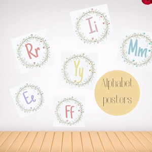 Ensemble d'affiches alphabet floral | Art mural pour chambre d'enfant lettres pastel | Éducatif de A à Z à imprimer pour la chambre ou la salle de classe des filles